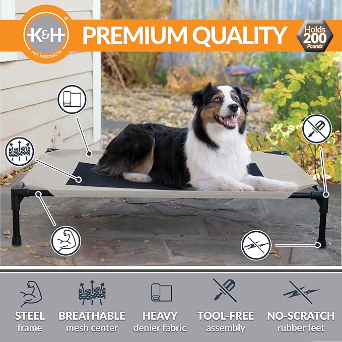 K&H Pet Products Outdoor Elevated Dog Cot, Breathable Cooling Elevated Cot Hammock Pet Bed for Large Dogs, Washable Mesh Cover, Raised Metal Frame, Collapsible, Portable - Large 42 X 30in Taupe