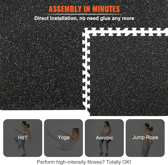 VEVOR 0.56Inch 48sq.ft 12 Tiles Gym Flooring for Home Gym, Rubber Top with High Density EVA Foam,25 x 25In Gym Floor Exercise Equipment Mats, Interlocking Gym Mats, Puzzle Workout Mats, Black & Grey
