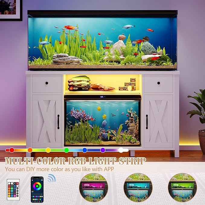 75 Gallon Fish Tank Stand with LED Light & Power Outlets, 55-75 Gallon Aquarium Stand with 2 Drawers & 2 Barn Doors, 52" L x 20" W Cabinet for 2 Fish Tank Accessories Storage, Turtle Tank, White