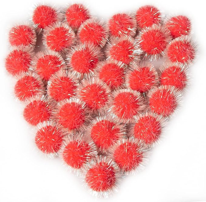 VAPKER 30 Pcs Cat Ball Toys Sparkle Balls Extra Large 2 Inch Cat's Favorite Chase Glitter Ball Glitter Tinsel Pom Poms Balls Red Color