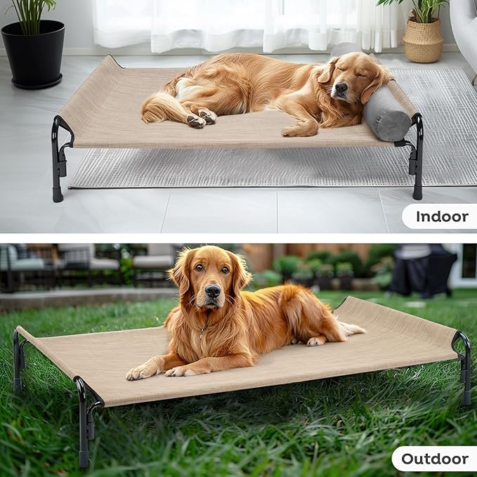 Veehoo Medium Elevated Dog Bed, Outdoor Raised Dog Cot Hammock Bed with One-Sided Removable Headrest Bolster, Cooling Breathable Washable Teslin Mesh, Off Ground, Anti-Slip, M, CWC2204BCP