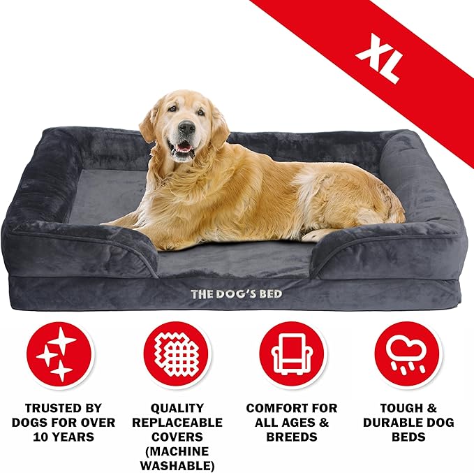 The Dog’s Bed, Orthopedic Standard Foam Waterproof Dog Bed with Standard Support, XL Grey Plush, Waterproof, Supportive Dog Bed with Replaceable Covers, Veterinary Approved