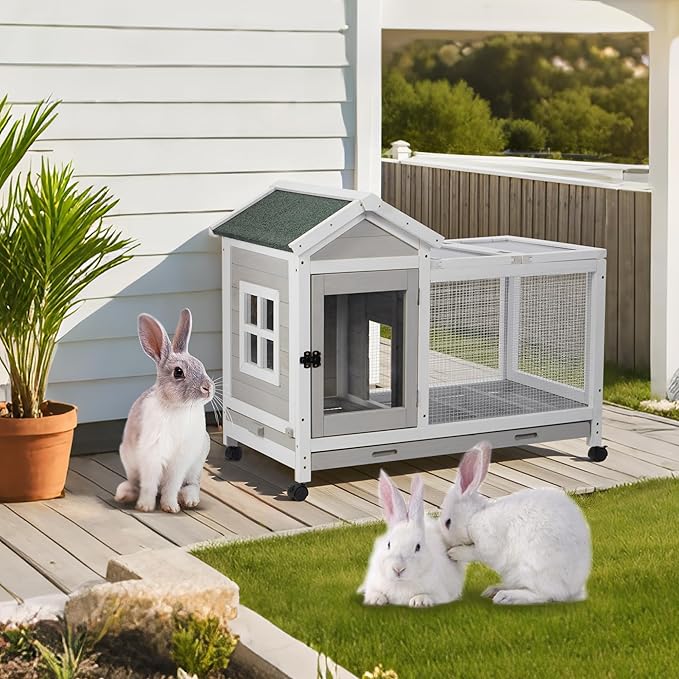 Wooden Rabbit Hutch with Waterproof Roof,Outdoor/Indoor Bunny Cage with Removable Slide-Out Bottom Tray, Chewproof Rabbit cage for Small-Medium Animals (Guinea Pigs, Hedgehogs)