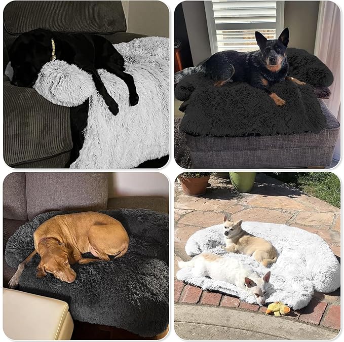 Calming Dog Bed Fluffy Plush Dog Mat for Furniture Protector with Removable Washable Cover for Large Medium Small Dogs and Cats (Extra Large (53x39.3x6), Light Grey)