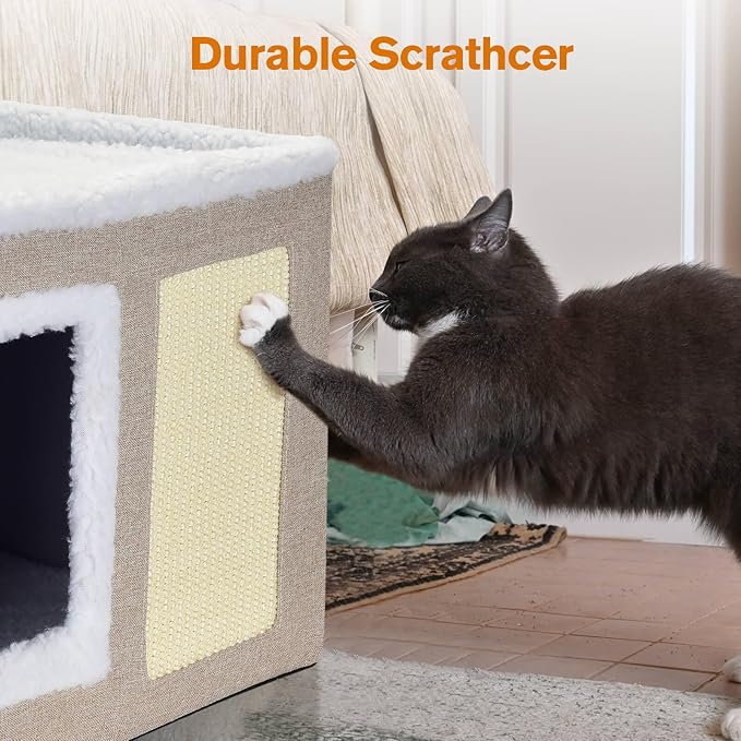 petizer Cat Bed for Indoor Cats, Large Covered Cat House with Scratch Pad, Foldable Cat Cave Bed & Hideaway Cube with Reversible Cushions, Cute Cat Condo for Multi Small Pet Kitten (Khaki)