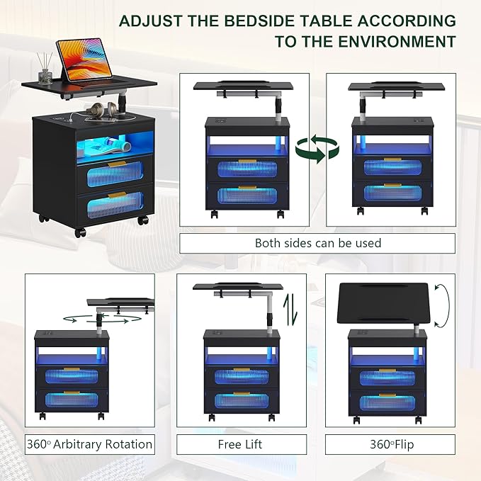 HNEBC Nightstand Set of 2, LED Nightstand with Wireless Charging Station/USB Ports,Smart Nightstand Has Adjustable Rotary Workstation with 2 Drawers,Modern Bedside Table for Bedroom Furniture(Black)