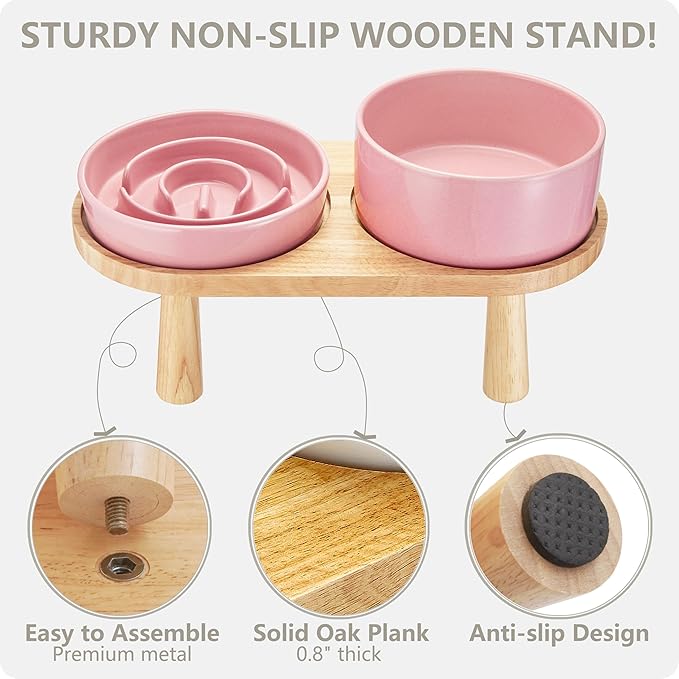 Ceramic Slow Feeder and Water Bowl Set for Small Dogs, Ceramic Dog Bowls Elevated with Wooden Stand, 0.6 Cups Dog Slow Feeder(14oz) and 30oz Water Bowl Set, Pink