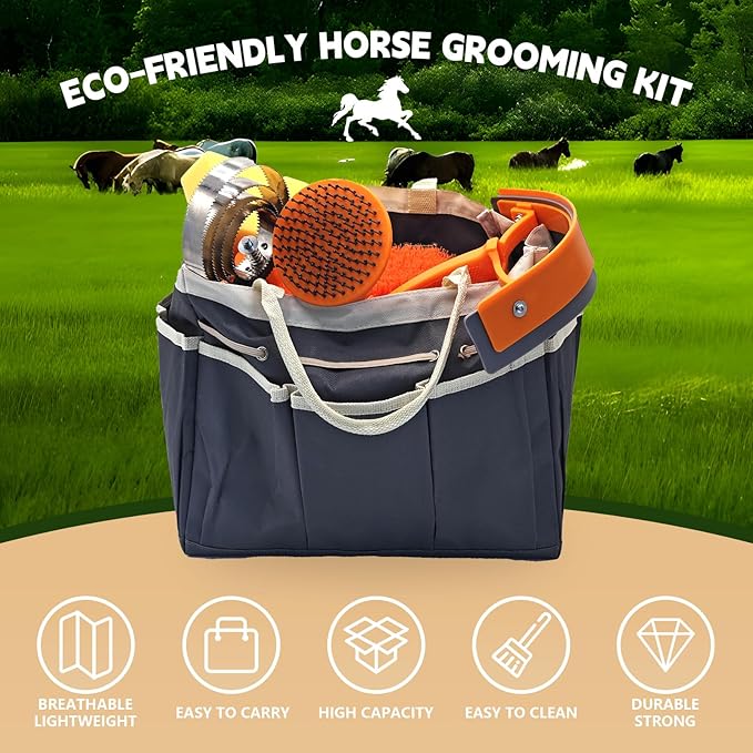 Horse Grooming Kit, Horse Grooming Supplies Includes 12 Horse Hair Care Tools Such as Handbag, Horse Brush, Horse Comb, Hoof Pick, Sweat Scraper, Etc., Suitable Gifts for Horse Riding Enthusiasts