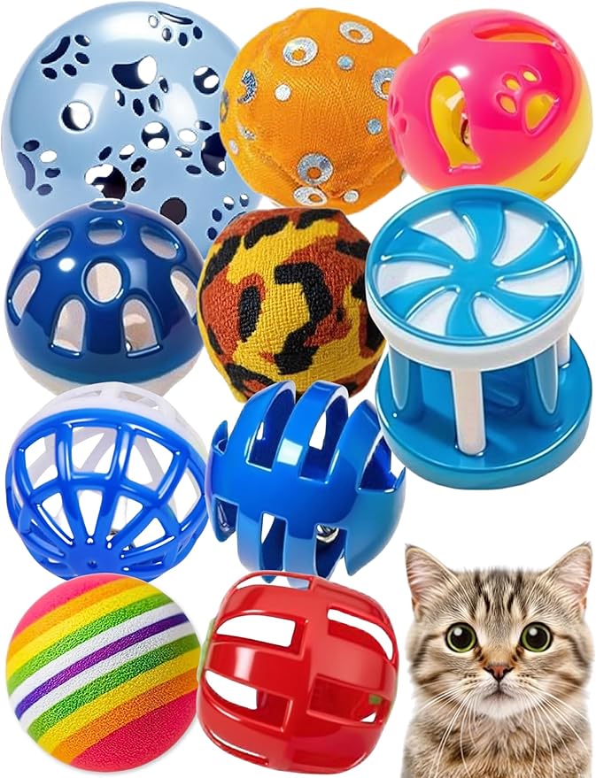 10-Pack Cat Toy Balls with Bells for Kittens and Cats of All Breeds (1.5'' - 2.2'', Cat Toys Deluxe Pack)