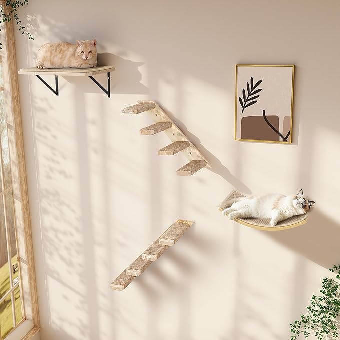 Wall Mounted Cat Shelves Stairs Set, 4 Piece Wood Cats Wall Furniture with Sisal Cat Window Perch, Flat Perch & Dual 4-Step Ladders for Climbing & Scratching