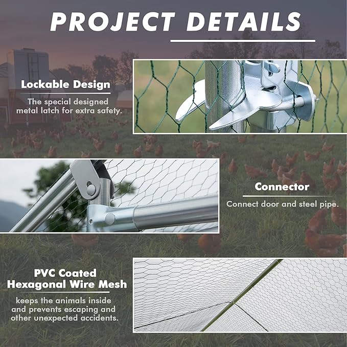 LEMBERI Metal Chicken Runs for Yard, Spire-roof Large Walk in Chicken coop cage for Outside,Galvanized Rabbits Duck Run and coops,Chicken Pen with Waterproof Cover for Outdoor,Backyard and Farm