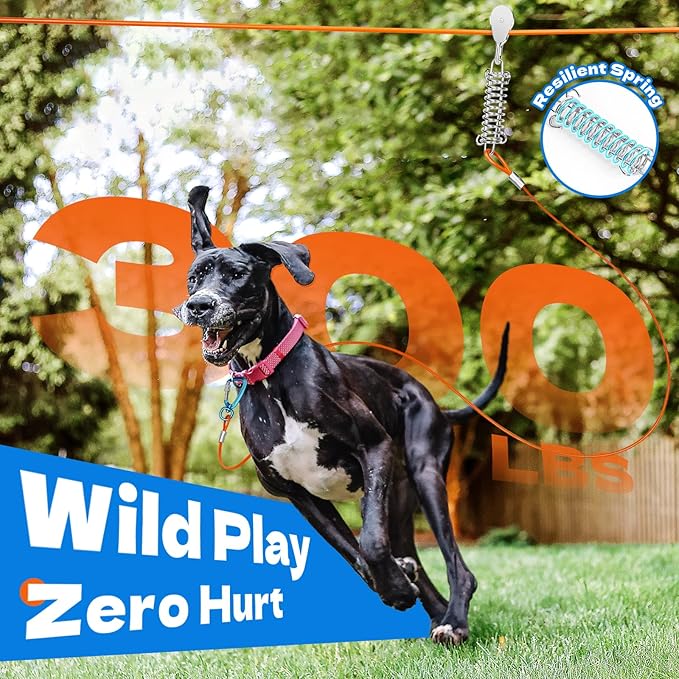 50ft Dog Runner for Yard Large Dog Heavy Duty with Double Shock Absorbers Tangle-Free Aerial Trolley System for Large Dogs Up to 250lbs (Silver)