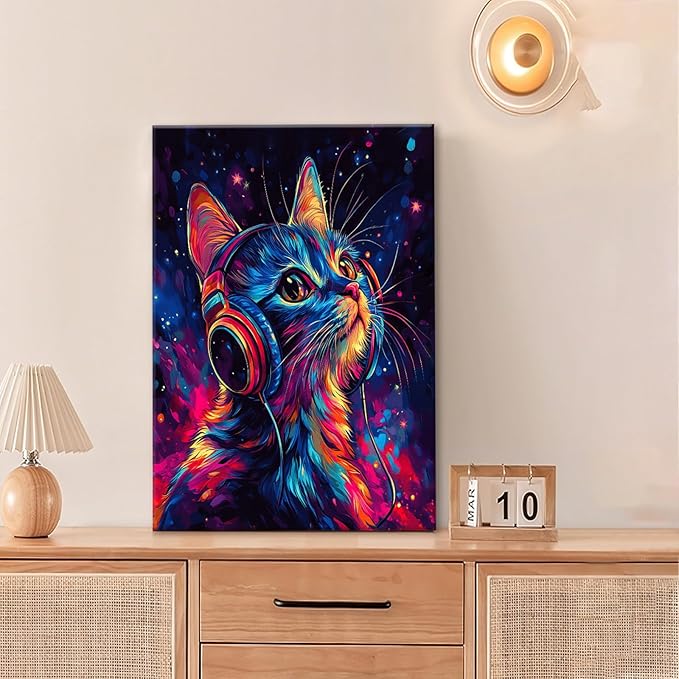 Cat Wall Art Canvas Fantastic Animal Wall Decor Prints Framed Painting Colorful Pictures Gifts Artwork for Bathroom Living Dining Kitchen 16"x24"