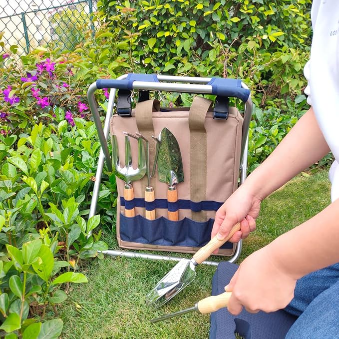 Garden Folding Gardener Stool with Gardening Tools Insulation Garden Bags Plus 5 Garden Tools and Gardening Kneeler Ideal Gift for Mother's Day/Father's Day (Navy Blue)