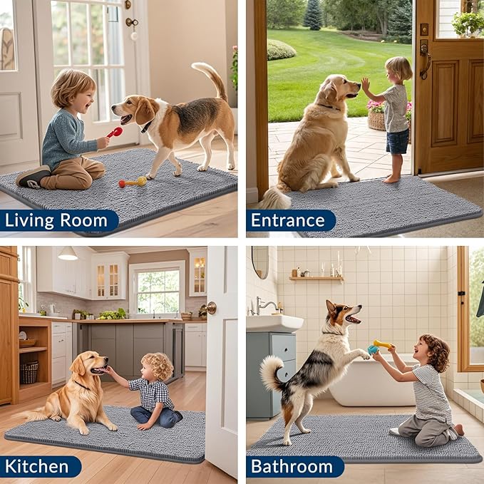 Smiry Dog Door Mat for Muddy Paws 71x46, Absorbs Moisture and Dirt Doormat, Non-Slip Washable Quick Dry Chenille Front Door Mat Indoor Entrance, Entryway Carpet for Inside Floor, Grey