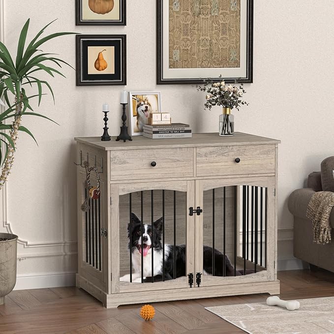 BREEZEHEAT 40 inch Dog Crate Furniture-Farmhouse Dog Kennel with Drawers-End Table Wooden Pet Crate, Double Door Design, Decorative Dog House Indoor for Small Medium Large Dog, Oak Grey