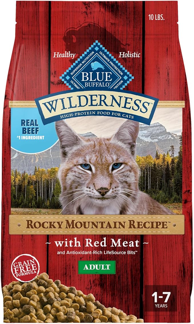 Blue Buffalo Wilderness Adult Dry Cat Food, Rocky Mountain Recipe, Chicken-Free & Grain-Free Recipe Made with Natural Ingredients, Red Meat, 10-lb Bag