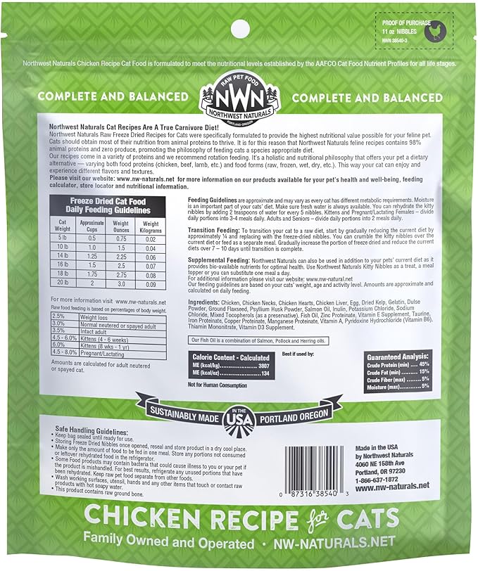 Northwest Naturals Freeze-Dried Chicken Cat & Kitten Food – Bite-Sized Nibbles – Healthy, Limited, Human-Grade Ingredients, All-Natural, High-Protein Raw Diet – Complete & Balanced, Made in USA, 11 oz
