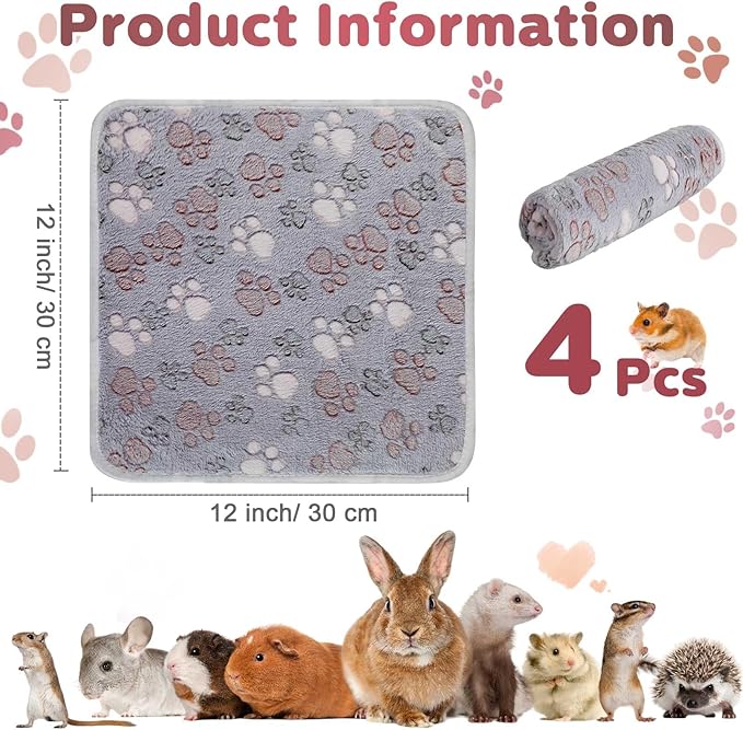 Reginary 4 Pcs Waterproof Guinea Pig Blankets Washable Small Animal Fleece Bedding Absorbent Guinea Pig Cage Liners Reusable Pet Pee Pad Sleep Mat for Hamster Ferret(Adorable Paw,12 x 12 Inch)