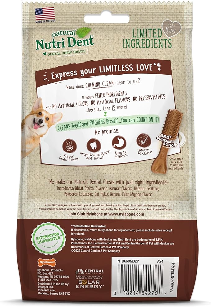 Nylabone Nutri Dent Dog Dental Chews - Natural Dog Teeth Cleaning & Breath Freshener - Dental Treats for Dogs - Filet Mignon Flavor, Mini (32 Count) (Pack of 2)