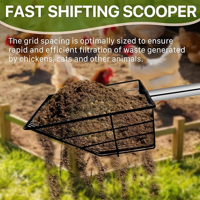 Chicken Poop Scooper with Long Handle- Coop Scoop with 24-68" Adjustable Stainless Handle, 4-in-1 Sifter Shovel for Poultry Waste Cleaning Accessories (Black)