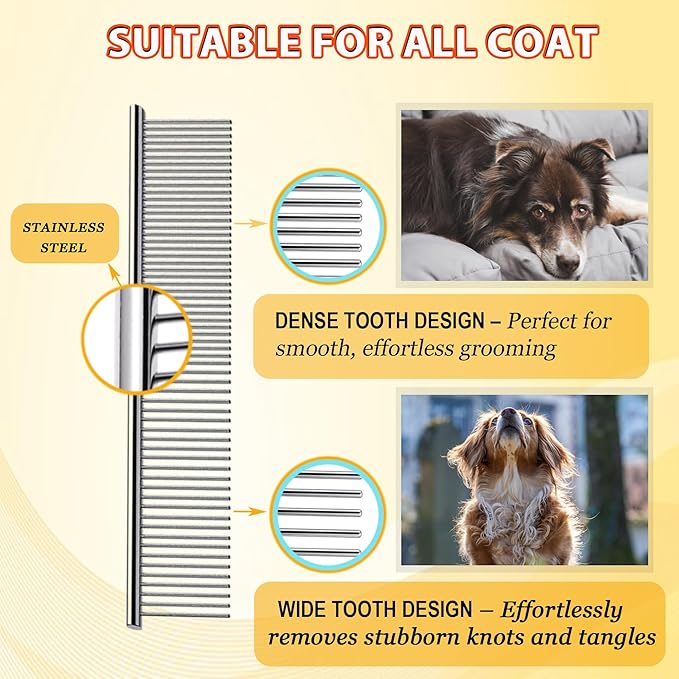 Dog Comb and Cat Combs Stainless Steel Teeth, Grooming Tool for Long & Short Hair, Dematting Comb for Dogs, Removes Tangles & Knots (Small Silver)