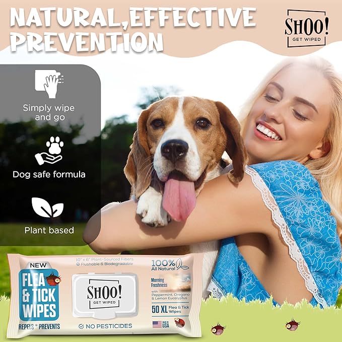 Shoo! Flea & Tick Wipes for Dogs | Convenient, Easy On-The-Go Protection | Plant Based, Natural Oils, Chemical Free | Repels & Prevents | 50 XL Wipes | (Morning Freshness)