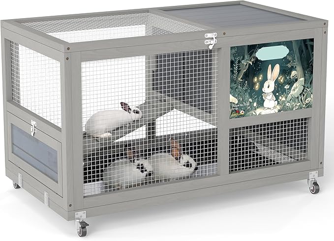 COZIWOW Fashionable Wood 36In Rabbit Hutch Indoor on Wheels Bunny Cage Outdoor Rabbit Cage with Clean Tray, Openable Roof, Anti-Slip Ramp for Small Bunny Rabbit (Grey with Pattern)