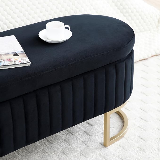 50" Sherpa Storage Ottoman Bench – Velvet Upholstered Bedroom Bench with Golden Metal Legs, Lift-Top Hidden Storage, Modern Footrest for Living Room, Entryway, Bed End (Black)
