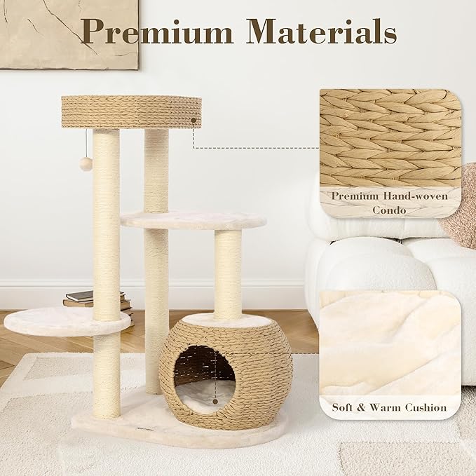KAMABOKO Modern Cat Tree, 39" Tall Cat Trees for Kittens Climb Play & Rest, Cat-Tree for Indoor Cats w/Natural Sisal Scratching Posts, Hand-Woven Condo & Top Perch