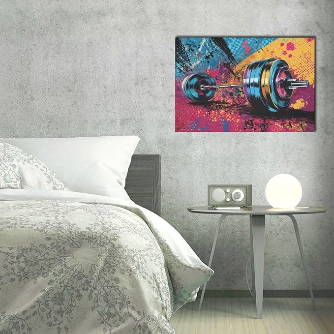 Gym Wall Art Weightlifting Fitness Canvas Wall Decor Barbell Sports Training Pictures Painting Banksy Street Graffiti Print Artwork Framed Decorations Gifts for Sports Lovers Gym Living Room Bedroom 16"x24"