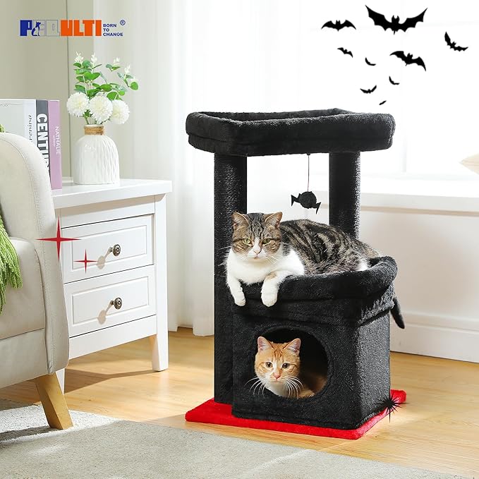 PEQULTI Cat Tree Gothic Cat Tower for Indoor Cats with Private Cozy Cat Condo, Natural Sisal Scratching Posts and Plush Pom-pom for Small Cats Black