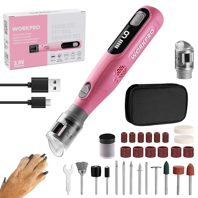 WORKPRO 6-Speed Dog Nail Grinder, Pet Nail Grinder for Small, Medium, and Large Dogs and Cats, 70 Accessories Rotary Tool with Type-C Charging Cable and Storage Bag for Sanding, Carving, and Polishing