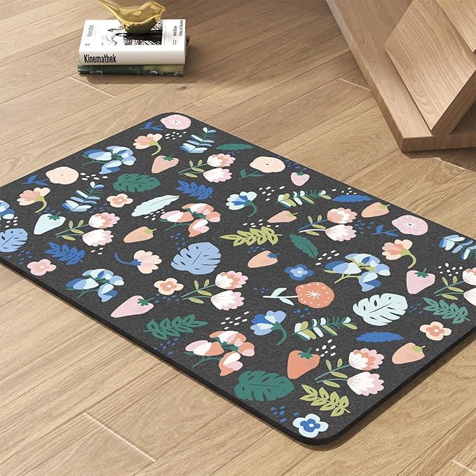 Pet Feeding Mat-Absorbent Dog Mat for Food and Water Bowl-No Stains Quick Dry Water Dispenser Mat-Dog Accessories Pet Supplies-Bowl for Messy Drinkers（DARKFLOWERS,12"x19"