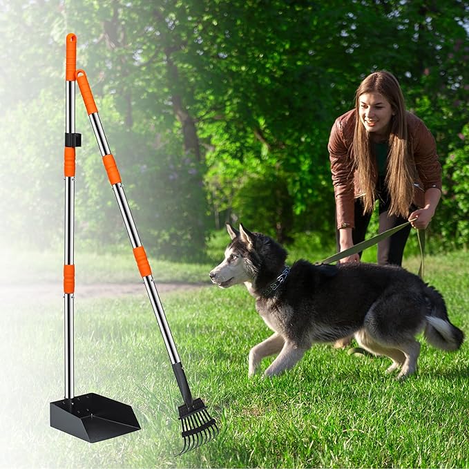 Niubya Pooper Scooper for Dogs, Metal Poop Scooper Tray and Rake Set with Adjustable Long Handle, Dog Pooper Scooper for Pet Waste Removal