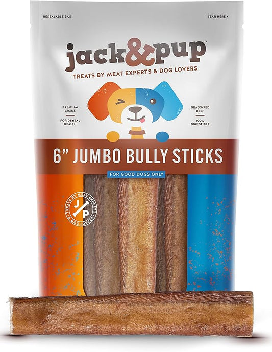 Jack&Pup 6" Bully Sticks for Dogs | Jumbo Odor Free Pizzle Sticks for Large Dogs | Single Ingredient, 100% Beef (Jumbo, 24 Pack)