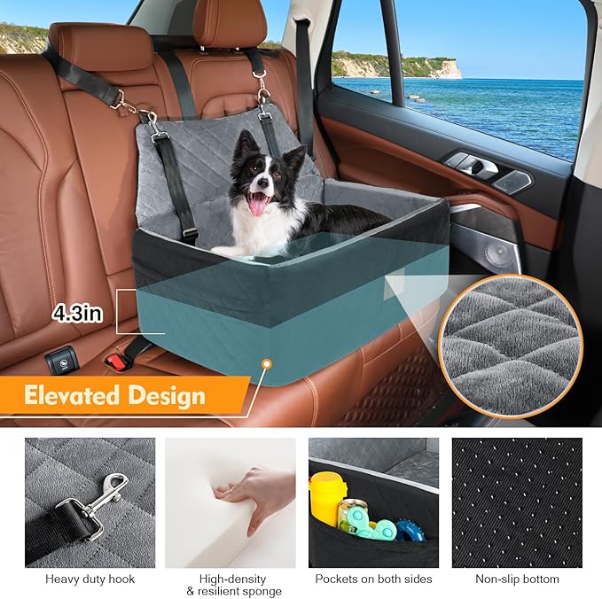 Dog Car Seat for Large Medium Dogs,Washable Pet Carseat Under 55 lbs or 2 Small Dogs,Dog Booster Seat Travel Bed with Thick Cushion,2 Safety Leashes