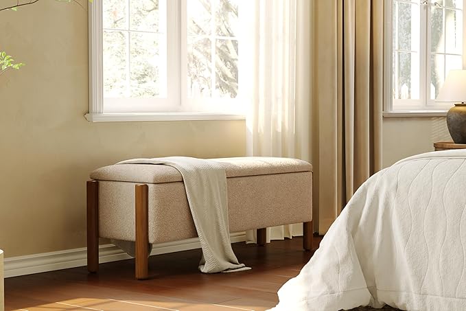 Modern Storage Benches with Walnut Wood Legs, 47'' Ottoman Bench with 20 Gallons Storage Space for Bedroom End of Bed, Fabric Upholstered Entryway Bench with Seating for Livingroom, Beige