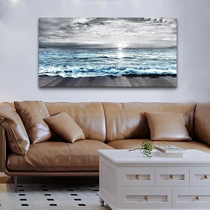 Lapremoly Large Canvas Wall Art For Living Room Wall Decor For Bedroom Office Wall Decorations Black And White Beach Wall Painting Blue Ocean Sea Wave landscape Pictures Artwork Posters Home Decor