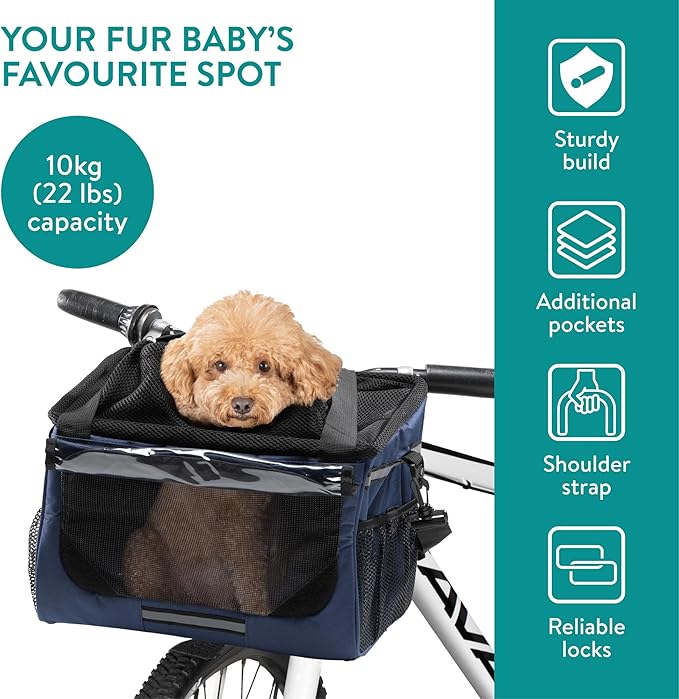 Navaris Pet Carrier for Bikes - Bike Basket Dog Carrier - Ideal Carriers for Small to Medium Dogs Up to 10kg (22lbs) - Drawstring Bag with Secure Locks and Strap - Blue