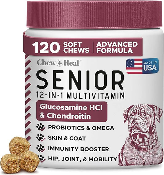 12-in-1 Multivitamin for Senior Dogs - 120 Senior Dog Vitamin and Supplement Soft Chews for Hip and Joint - Advanced Formula with Glucosamine, Omega 3,6,9, Vitamins, Probiotics - Made in The USA