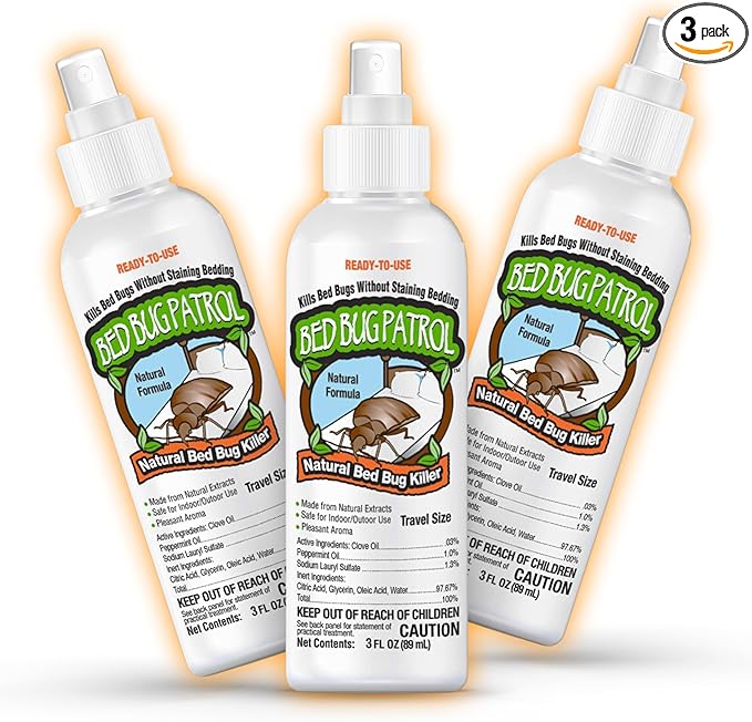 Natural Bed Bug Killer – 3 Pack (3oz Each) Travel Spray – Non-Toxic, TSA Safe, Child & Pet Friendly Formula for Airbnb, Luggage, Hotels, Rideshare, and Work Trips