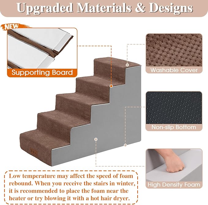 GGIB Dog Stairs for Small Dogs Cats Non-Slip Dog Steps for High Bed Pet Stairs for Sofa Couch Pet Ramp Pet Steps with Removable Washable Cover, Brown, 22" H, 5-Step