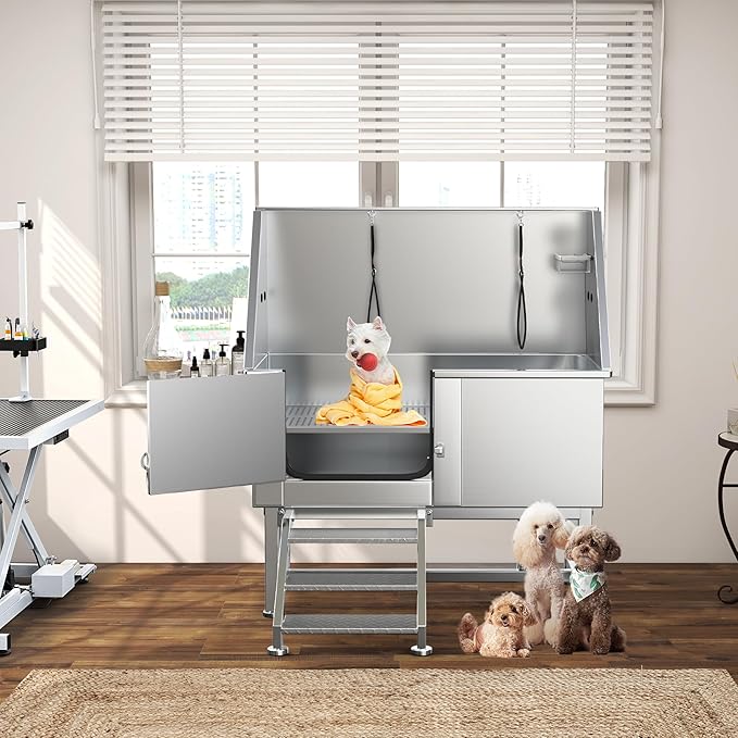 YITAHOME Dog Bathing Station, Professional Stainless Steel 304 Dog Grooming Bathtub w/Left Stairs, Faucet, Floor Grate, 50in Pet Washing Station for Large, Medium, Small Pets