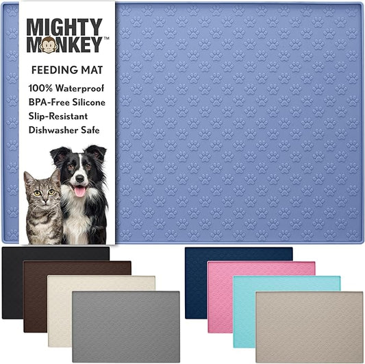 MIGHTY MONKEY 100% Waterproof Dog Food Mat, Raised Edges Silicone Pet Feeding Placemat for Cat, Dogs, Pet Bowls, High Lipped Tray Prevents Water Spills, Food on Floor, Dishwasher Safe, 22x14, Lt Blue