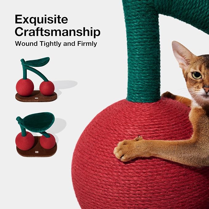 VETRESKA Cat Scratching Post, Large Cherry Cat Scratcher with Hammock, Tall Cat Scratch Interactive Toy with Natural Sisal Rope for Indoor Cats, Kittens