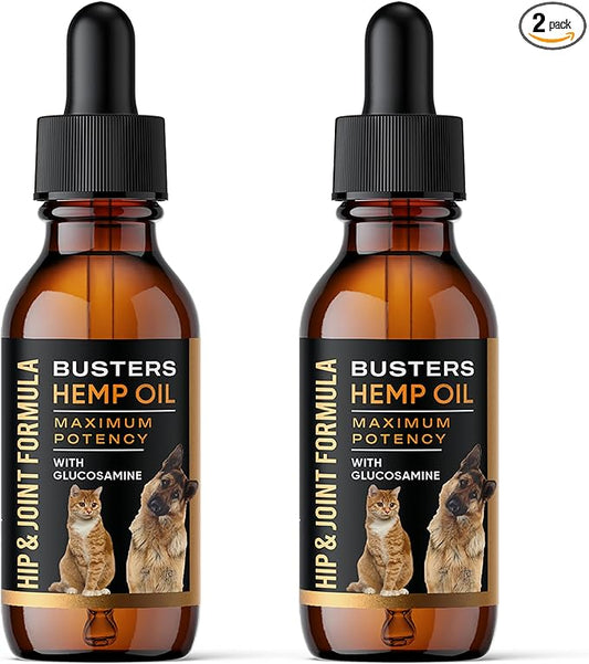 Busters Hip and Joint Hemp Oil for Dogs Formula with Glucosamine, 2Pack 2Month Supply, Soothing Relief for Cats, and Pets, Advanced Mobility Support