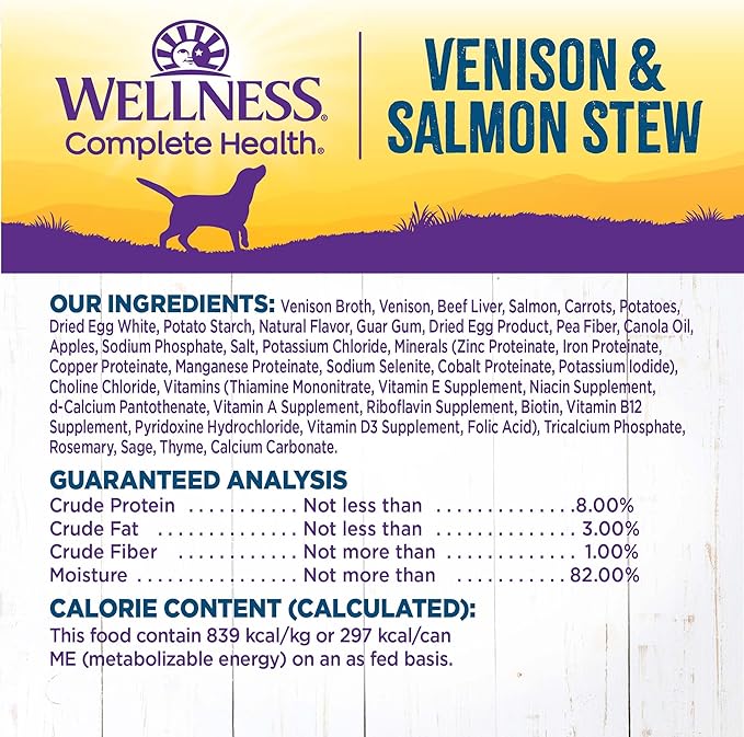 Wellness Complete Health Thick & Chunky Natural Canned Wet Dog Food, Venison & Salmon Stew, 12.5-Ounce Can (Pack of 12)
