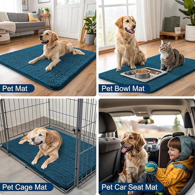 Smiry Dog Door Mat for Muddy Paws 48x30, Absorbs Moisture and Dirt Doormat, Non-Slip Washable Quick Dry Chenille Front Door Mat Indoor Entrance, Entryway Carpet for Inside Floor, Atlantic Blue