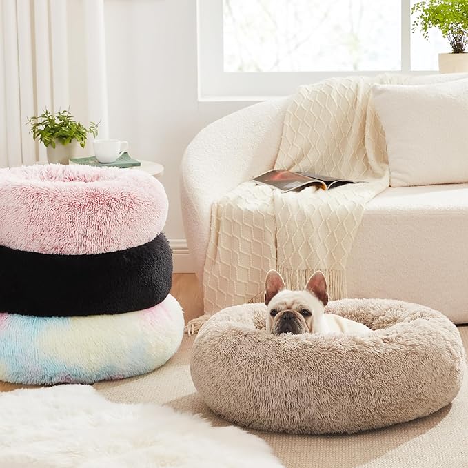 Love's cabin Calming Cat Bed for Indoor Cats,Anti-Anxiety Donut Round Dog Bed,Fluffy Faux Fur Washable Pet Bed for Small Medium Dogs and Cats,Taupe,24in